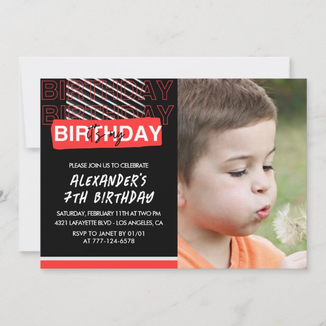 7th birthday invitations boy Party Photo Red  (Front)