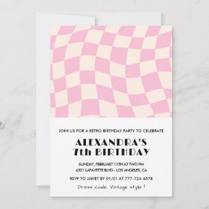 7th birthday invitations Checkered Retro Pink 