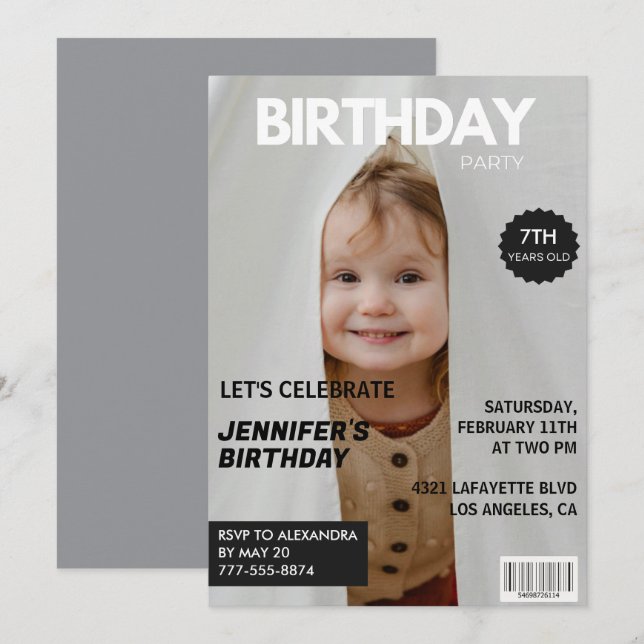 7th birthday invitations for her Magazine Cover (Front/Back)