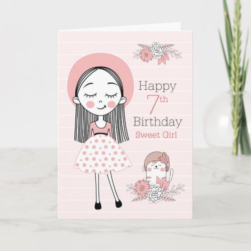 7th Birthday Little Girl and Cat in Pink White