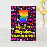 [ Thumbnail: 7th Birthday: Loving Hearts Pattern, Rainbow # 7 Card ]