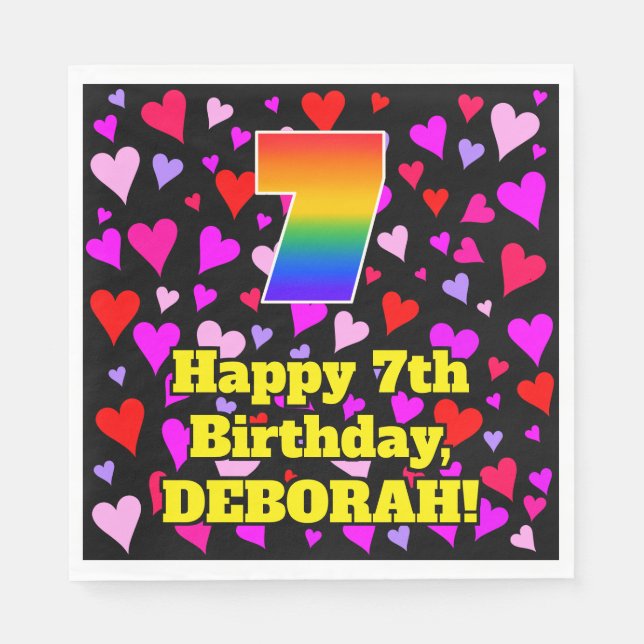 7th Birthday: Loving Hearts Pattern, Rainbow # 7 Napkins (Front)