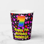 [ Thumbnail: 7th Birthday: Loving Hearts Pattern, Rainbow 7 Paper Cups ]