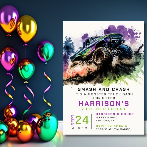 7th Birthday Monster Truck Smash Crash Boy Kids Invitation