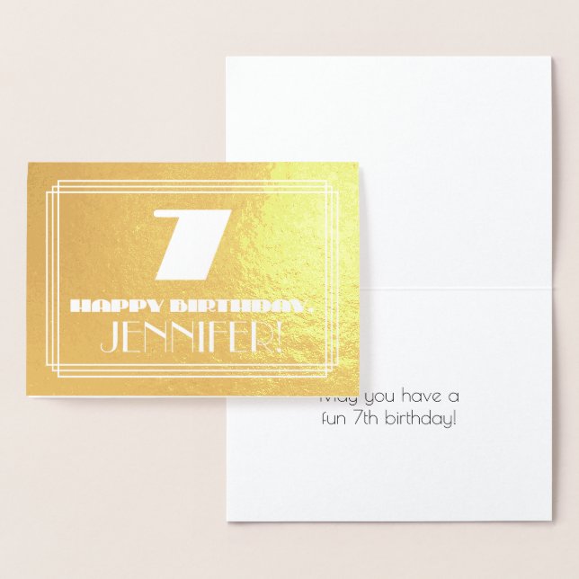 7th Birthday: Name + Art Deco Inspired Look "7" Foil Card (Display)