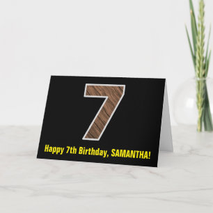 7th Birthday: Name + Faux Wood Grain Pattern "7" Card