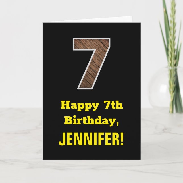 7th Birthday: Name, Faux Wood Grain Pattern "7" Card (Front)