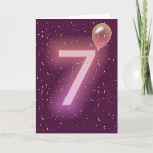 7th Birthday Neon Sign and Balloon Card