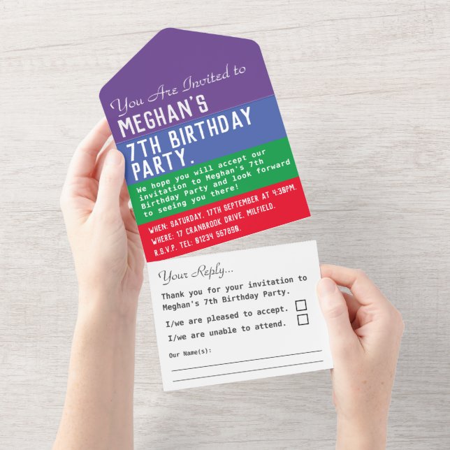 7th Birthday Party All In One Invitation (Tearaway)
