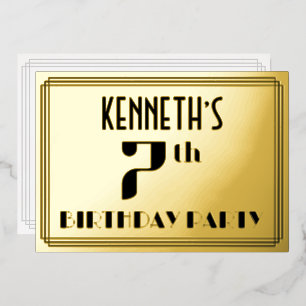 7th Birthday Party: Art Deco Look “7” and Name Foil Invitation
