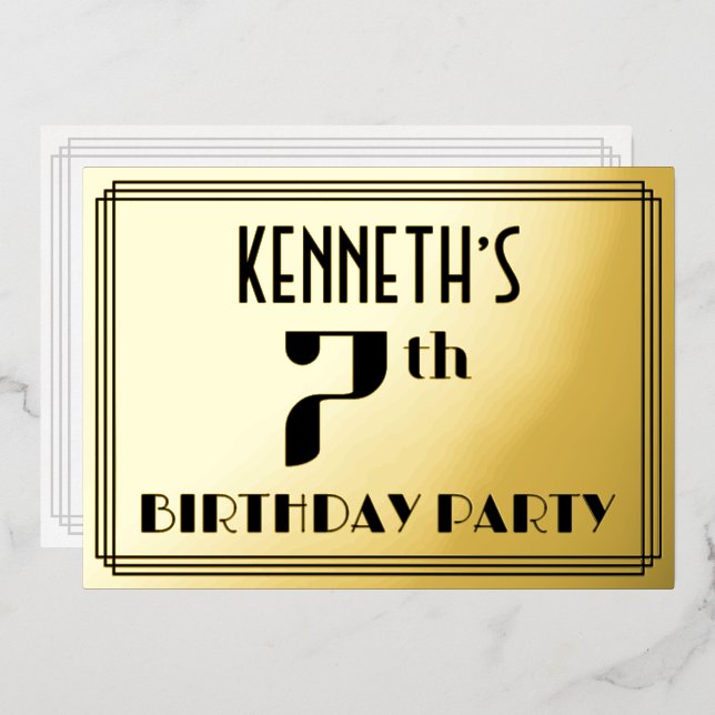 7th Birthday Party: Art Deco Look “7” and Name Foil Invitation (Front/Back)