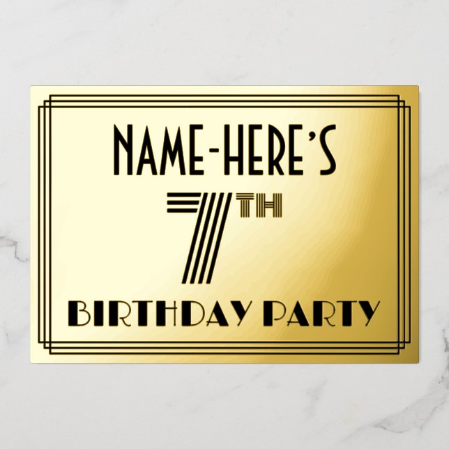 7th Birthday Party — Art Deco Style “7” & Name Foil Invitation (Front)