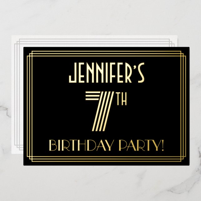 7th Birthday Party — Art Deco Style “7” + Name Foil Invitation (Front/Back)