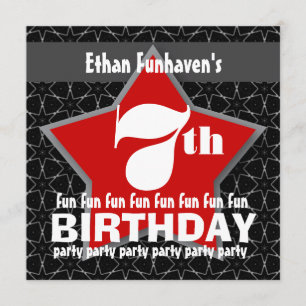 7th Birthday Party Black Red White STAR V07 Invitation