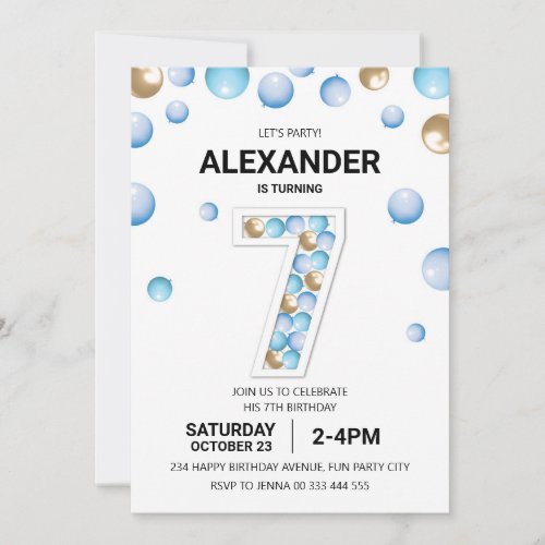 7th Birthday Party Blue and Gold Balloon Boy Invitation