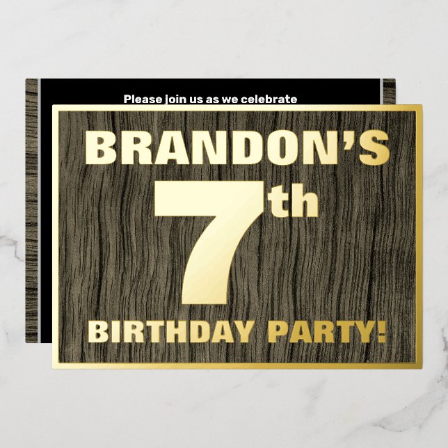 7th Birthday Party: Bold, Faux Wood Grain Pattern Foil Invitation (Front/Back)