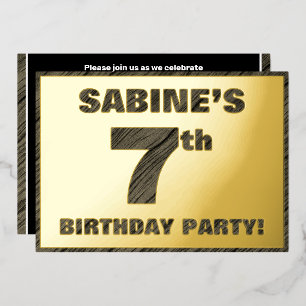 7th Birthday Party — Bold, Faux Wood Grain Text Foil Invitation