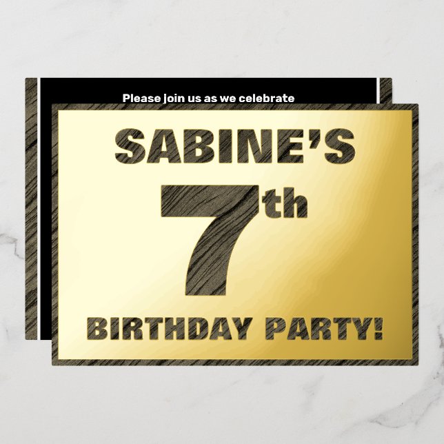 7th Birthday Party — Bold, Faux Wood Grain Text Foil Invitation (Front/Back)