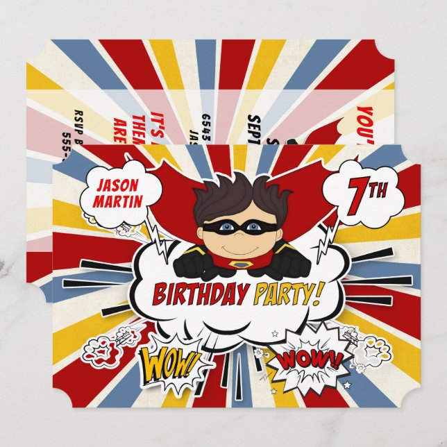 7th Birthday Party Boys Superhero Red Comic Invitation (Front/Back)