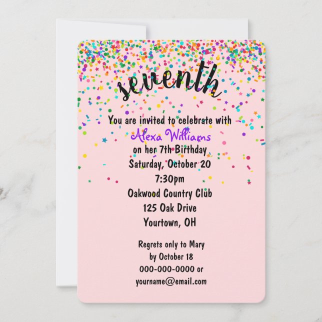 7th Birthday Party Confetti Invitation (Front)