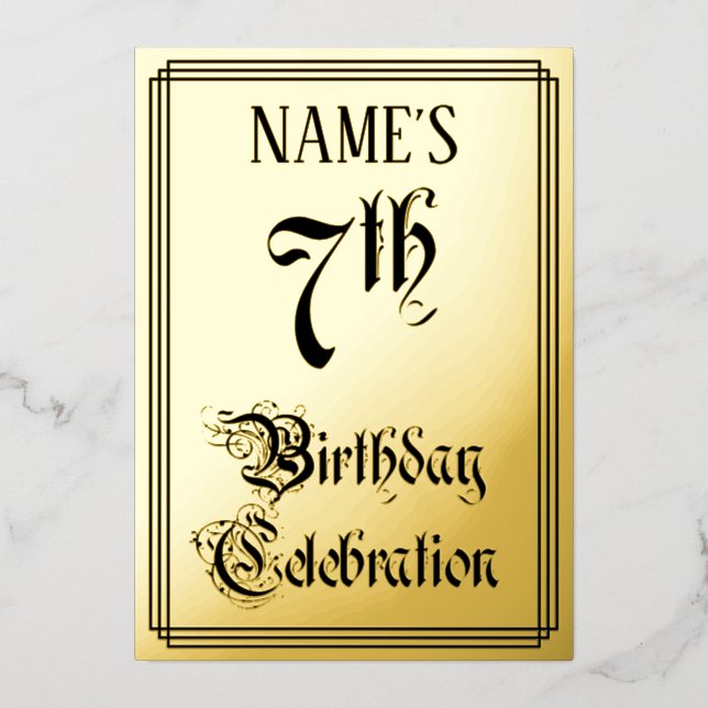 7th Birthday Party — Elegant Script + Custom Name Foil Invitation (Front)