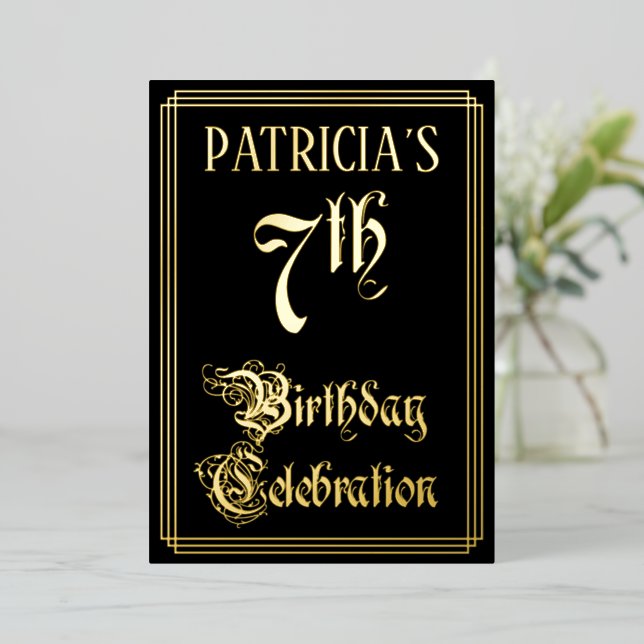 7th Birthday Party — Fancy Script & Custom Name Foil Invitation (Standing Front)