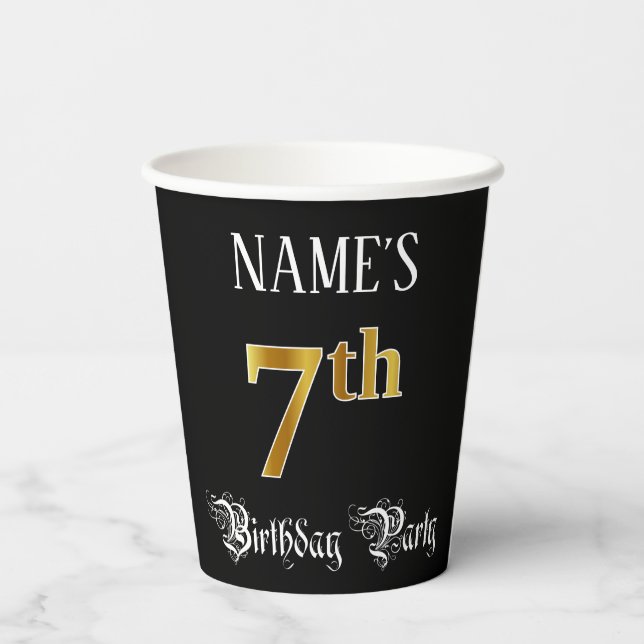 7th Birthday Party — Fancy Script, Faux Gold Look Paper Cups (Back)