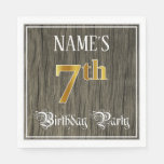 [ Thumbnail: 7th Birthday Party — Faux Gold & Faux Wood Looks Napkins ]