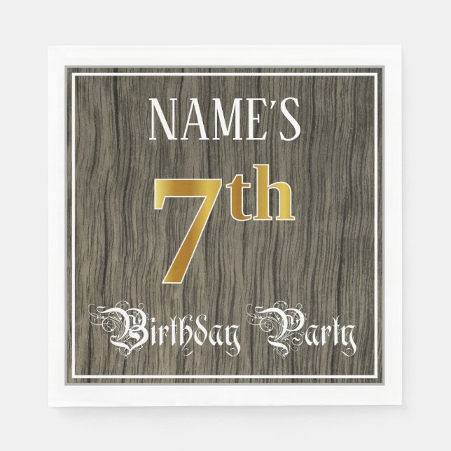 7th Birthday Party — Faux Gold & Faux Wood Looks Napkins (Front)
