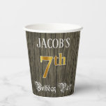 [ Thumbnail: 7th Birthday Party — Faux Gold & Faux Wood Looks Paper Cups ]