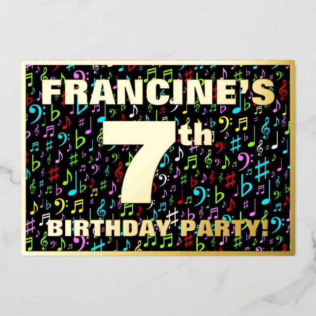 7th Birthday Party — Fun, Colorful Music Symbols Foil Invitation (Front)