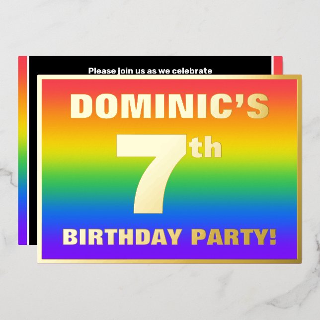 7th Birthday Party: Fun, Colorful Rainbow Pattern Foil Invitation (Front/Back)