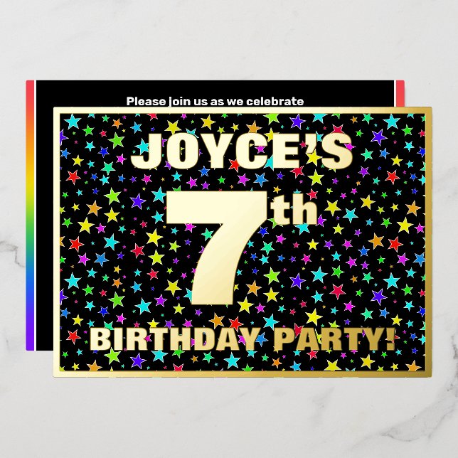 7th Birthday Party — Fun, Colorful Stars Pattern Foil Invitation (Front/Back)
