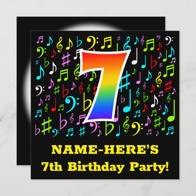 7th Birthday Party: Fun Music Symbols, Rainbow 7 Invitation (Front/Back)