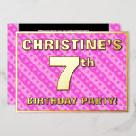 [ Thumbnail: 7th Birthday Party — Fun Pink Hearts and Stripes Invitation ]