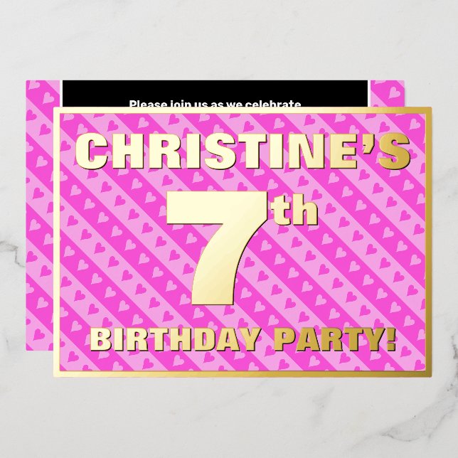 7th Birthday Party — Fun Pink Hearts and Stripes Foil Invitation (Front/Back)