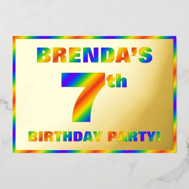 7th Birthday Party — Fun, Rainbow Spectrum “7” Foil Invitation (Front)