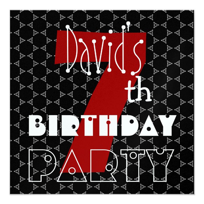 7th Birthday Party Modern Black White and Red Invites