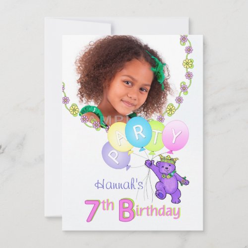 7th Birthday Party Princess Bear Custom Photo Invitation