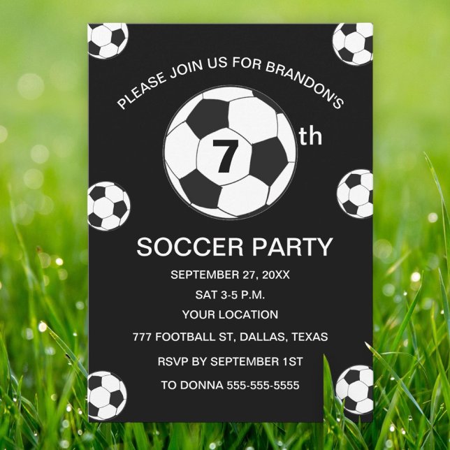 7th Birthday Party Soccer Black Boys Sports Invitation (Creator Uploaded)