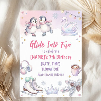 7th Birthday Pastel Ice Skating Party Cute Penguin Invitation