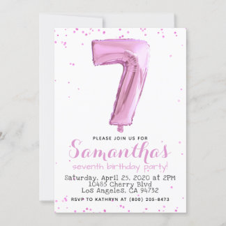 7th Birthday Pastel Pink Balloon Invitation