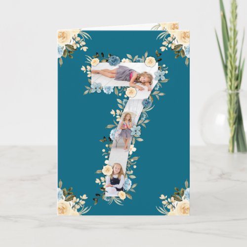 7th Birthday Photo Collage Blue Yellow Flower Teal Card