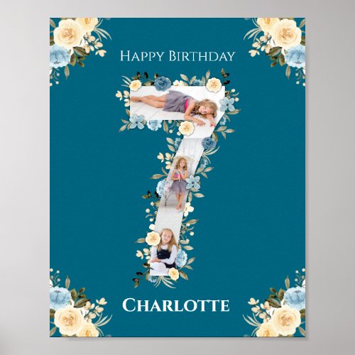 7th Birthday Photo Collage Blue Yellow Flower Teal Poster