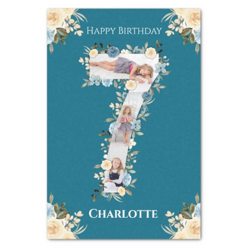 7th Birthday Photo Collage Teal Blue Yellow Flower Tissue Paper