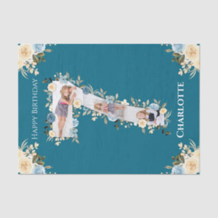 7th Birthday Photo Collage Teal Blue Yellow Flower Tissue Paper