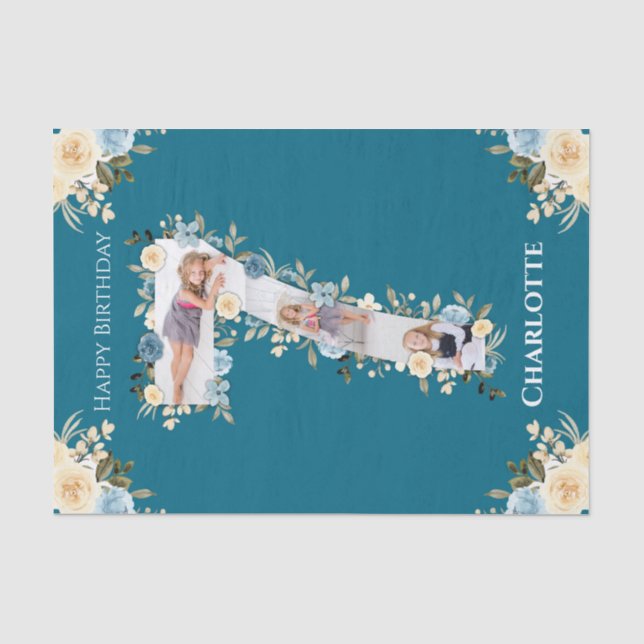 7th Birthday Photo Collage Teal Blue Yellow Flower Tissue Paper (Front)