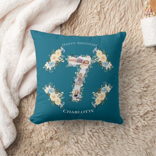 7th Birthday Photo Teal Collage Blue Yellow Flower Throw Pillow
