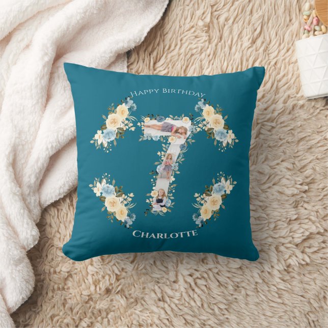 7th Birthday Photo Teal Collage Blue Yellow Flower Throw Pillow (Blanket)