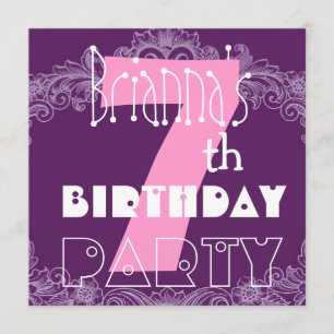 7th Birthday Pink and Purple Big Number for Girl Invitation